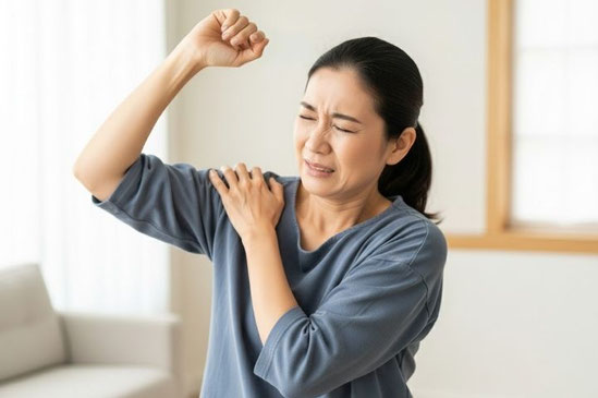 五十肩の痛みで右肩を押さえ、顔をしかめながら腕を上げる女性