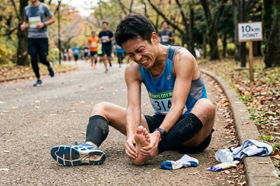 ランニング中に足底腱膜炎の痛みが生じ、路上に座り込んで靴を脱ぎ、苦悶の表情で踵を押さえているランナー