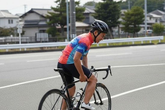ロードバイク走行中に右の太もも裏側（ハムストリング）に痛みを感じ、手を当てて表情を歪めるサイクリスト
