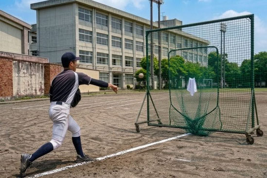 野球肘動作改善のためのネットスローをする野球選手。足元のラインとネットの目印を使い、投球フォームを意識しながら投げる様子