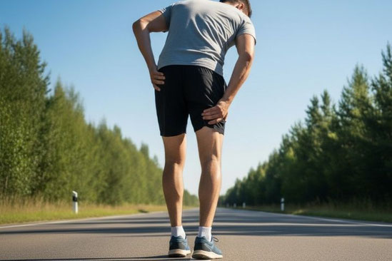 ランニング中に痛みのある太もも裏を手で押さえる男性