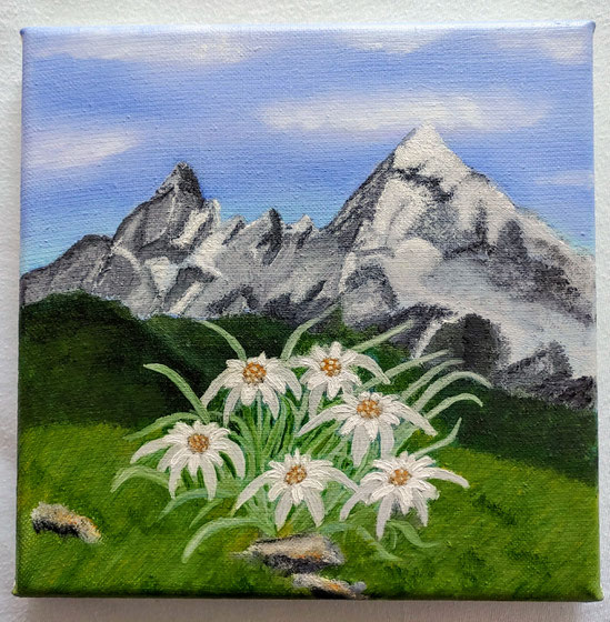 Bergromantik Edelweiß, 20cmx20cm auf Leinwand