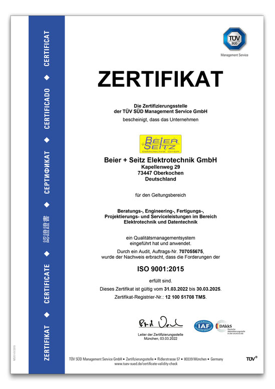 Beier + Seitz: Zertifiziert nach ISO 9001:2015