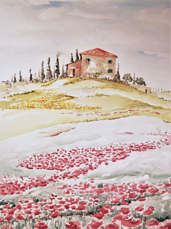 Ancient farmhouse in Tuscany, Italy, with fields of poppyseed, Watercolor on paper