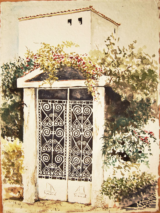Santorini door to the yard, Greek Islands, Gouache on handmade paper, artwork by Thomas Lux