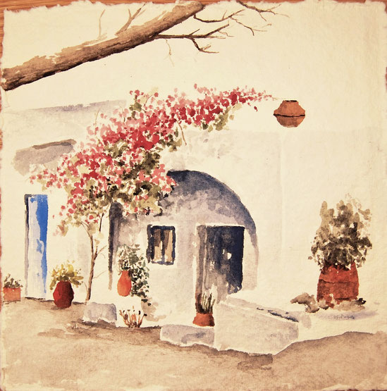 Santorini, small yard with vases, Gouache on paper, Greek Islands, Greece, handmade by Thomas Lux