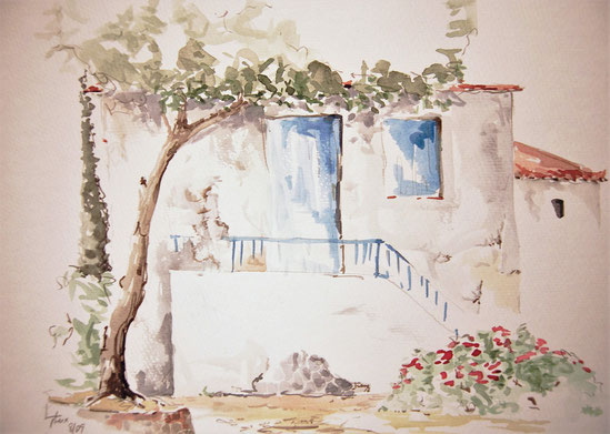 ancient summer building in Peloponnese, Greece, watercolor sketch by Thomas Lux