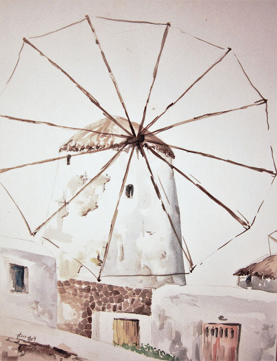 one of the typical windmills on Mykonos, one of the famous Greek Islands, watercolor sketch by KunstLux