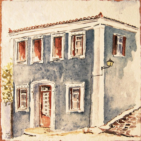 Santorini typical town house on the Greek Island of Santorini, Gouache on handmade paper by KunstLux