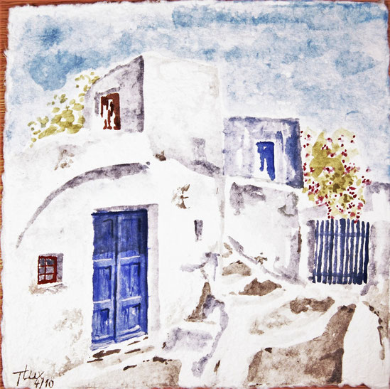 Santorini, another view on this Island with its various white houses, blue doors and yellow vases, Gouache, handmade, Greece
