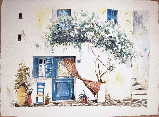 Mykonos Gouache painting on handmade paper, one of the typical views on the houses in the various streets on Mykonos, Greek Islands