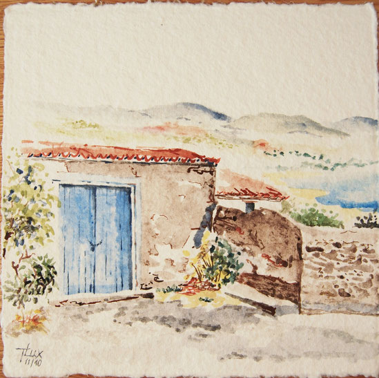 Santorini Gouache on handmade paper, Greek Islands