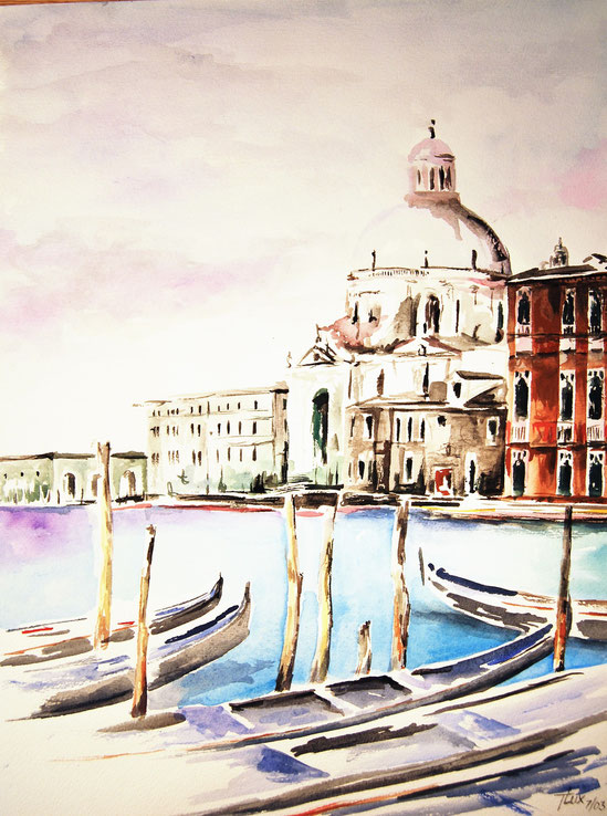Venice, view on the canal and cathedral onf Venice, Italy, Watercolor Sketch by Thomas Lux