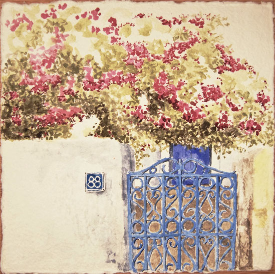 Santorini door and door, Gouache on handmade paper, Greek Islands