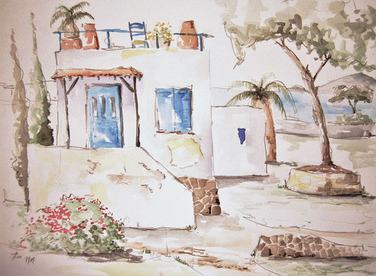 ancient small summer building in Peloponnese with a fantastic view to the sea, Greece, pencil and watercolor sketch by KunstLux