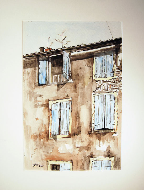 backview of the backyard of an ancient building in Sarlat, Southern France, Watercolor on paper by KunstLux
