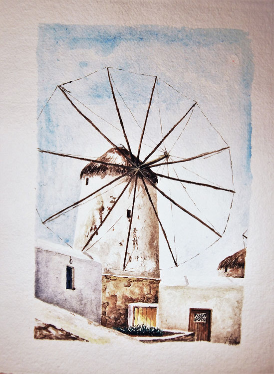 Mykonos windmill with yard, Gouache on handmade paper, Greek Islands