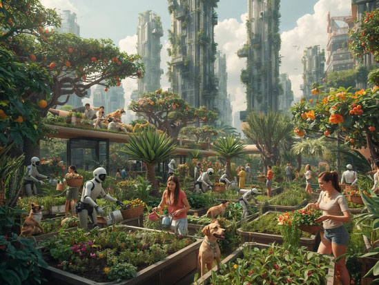 Fotorealistische Zukunftsstadt: Menschen und humanoide Roboter arbeiten im Garten, pflanzen Gemüse, ernten Obst und pflegen Beete. Im Hintergrund ragen futuristische, mit Pflanzen überwachsene Hochhäuser.
