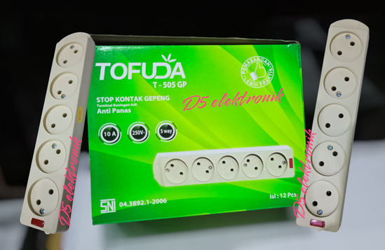 Stop kontak Tofuda gepeng anti panas 10A 5 lubang terminal Kuningan asli