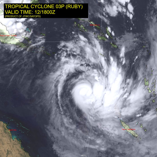 Satellite image of Tropical Cyclone Ruby in the Coral Sea, 14/12/2021, Image from JTWC.