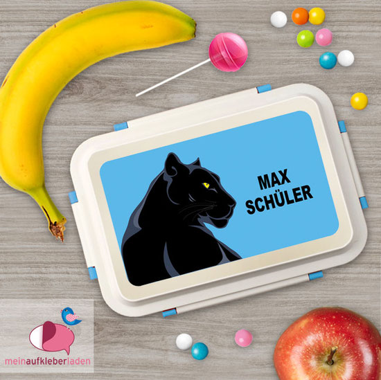 Brotdosenaufkleber Motiv: schwarzer Panther auf blauem Hintergrund - mit Namen personalisierbar