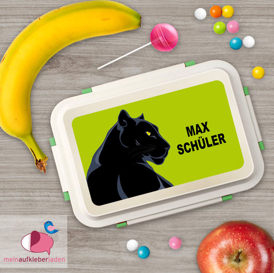 Brotdosenaufkleber Motiv: schwarzer Panther auf grünem Hintergrund - mit Namen personalisierbar