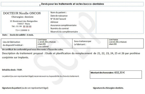 recto de devis d'étude pré-implantaire par un dentiste non-conventionné