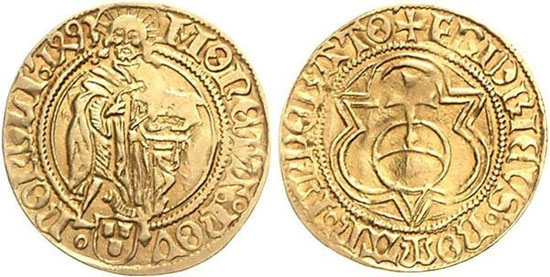 Kaiser Friedrich III., Goldgulden 1493, Münzstätte Nördlingen. Gold. Durchmesser ca. 23,5 mm. Gewicht ca. 3,25 g. Johannes der Täufer/Reichsapfel im Dreipass. (Foto: Westfälische Auktionsgesellschaft, Auktion 47, 2008, Nr. 1123)