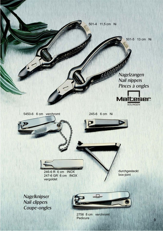 Katalogseite 9 mit Nagelzangen / Nail nippers and Nagelknipser / Nail clippers