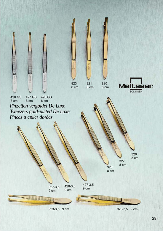 Katalogseite 29 mit Pinzetten vergoldet De Luxe / Tweezers gold-plated De Luxe / Pinces à epiler dorées