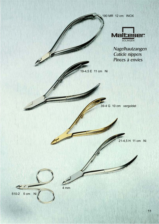 Katalogseite 11 mit Hautzangen / Cuticle Nippers / Pinces à envies