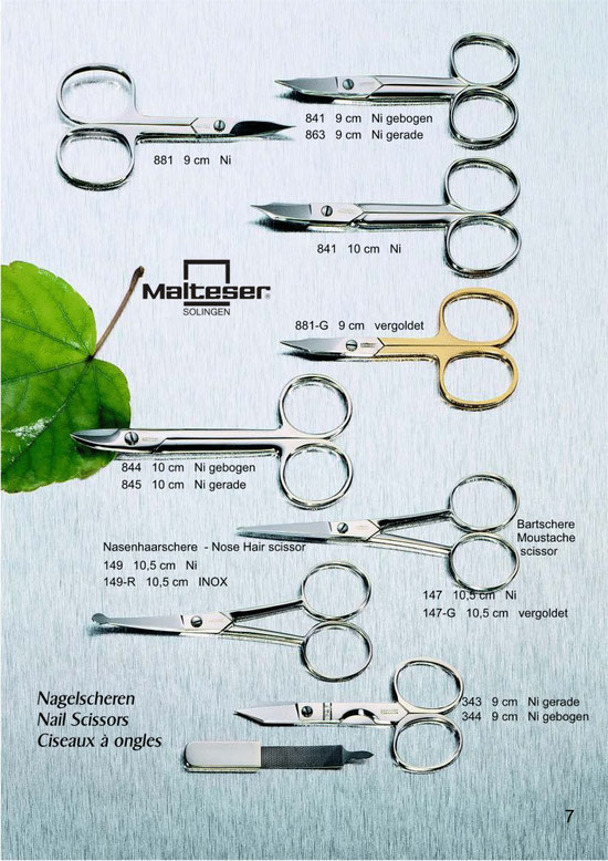 Malteser Katalogseite 5 mit Nagelscheren / Nail Scissors / Ciseaux à ongles und Nasenhaarscheren / Nose Hair Scissors und Bartscheren / Moustache Scissors