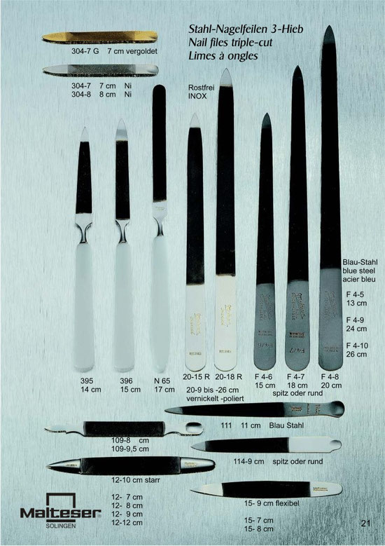 Katalogseite 21 mit Abbildungen von Stahl-Nagelfeilen 3-Hieb / Nail files triple-cut / Limes à ongles