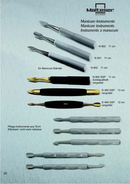 Katalogseite 20 mit Abbildungen von Maniküre Instrumente / Manicure Instruments / Instruments à manucure