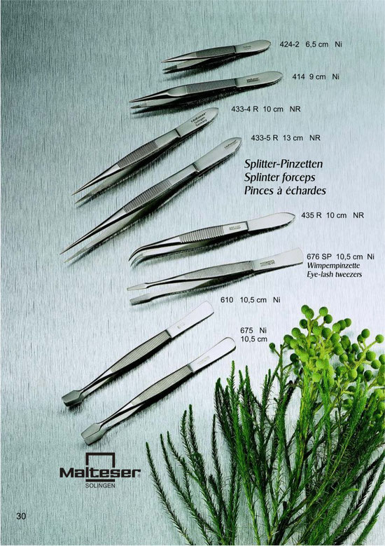 Katalogseite 30 mit Splitter Pinzetten, Wimpernpinzetten/ Splinter forceps and Eye-lash tweezers / Pinces á échards