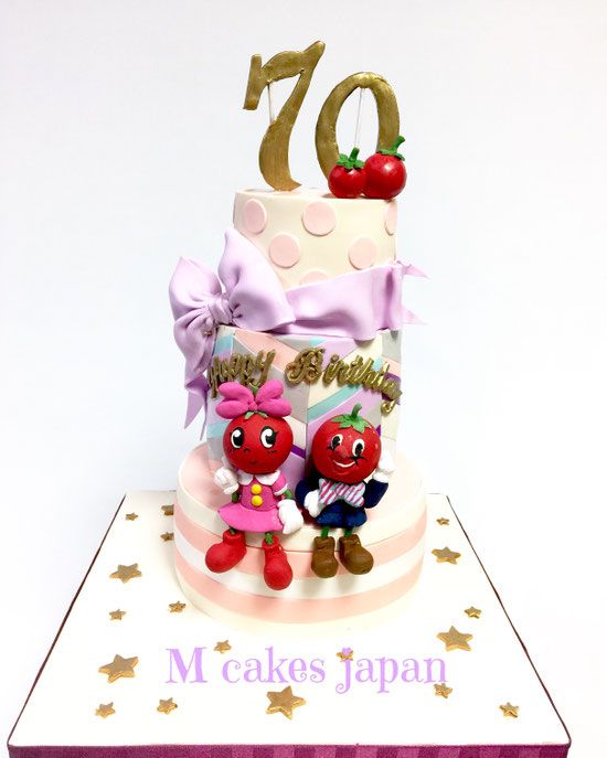 3段模様違いケーキ #70歳 #pattern #イメージキャラクター #トマト #模様 #パターン #fondantcake #fondant #tomato #character
