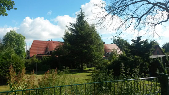 Die rechte Seite vom linken Doppelhaus ist unsere - bei Sonnenschein und soviel Grün freuen wir uns schon auf die Aussicht aus dem Badfenfenster!