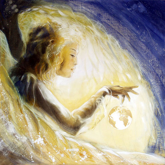 Erzengel Gabriel, Engelbild, Wandbild Gemälde, spirituelle Malerei, Leinwandbilder, Poster, Liebe, Quadratisches Format, Farben Blau und Weiß