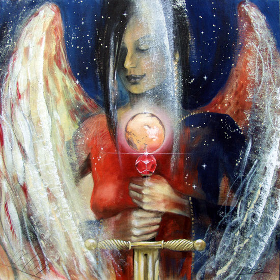 Wandbild Engelbild, Erzengel Michael, Quadratisches Format, Farbe Rot, spirituelle Malerei, Leinwanddruck, Poster, handgemalt von Jopie