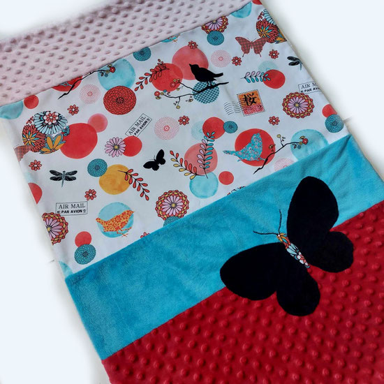 Couverture bébé couffin poussette Japon papillon libellule oiseaux chrysanthèmes fleurs cerisier faite main l'Arche de Jessica