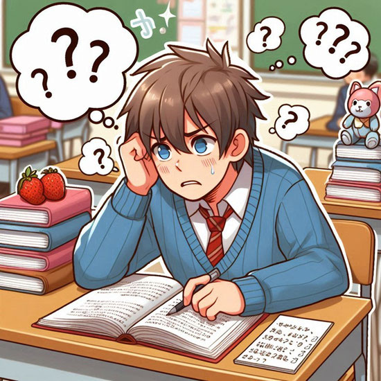 英語の難問に悩む少年のイメージイラスト