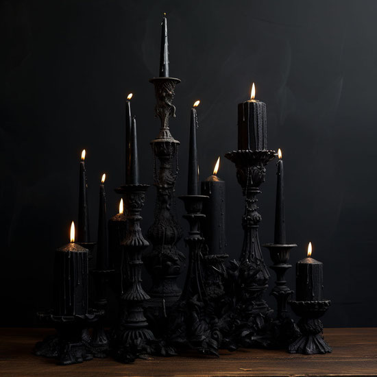 vier schwarze, gotische Kerzen auf verzierten Kerzenständern mit Säulen, im Stil dunkler Fantasiewesen, hyperrealistisches Stillleben, sorgfältiges Design, barocke verzierte und dramatische Kompositionen