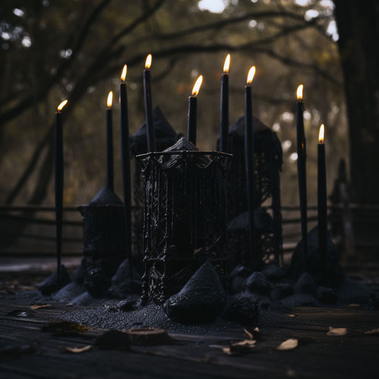 Verschiedene schwarze angezündete Kerzen in einem dunklen Wald oder park, im Stil der skulpturalen Alchemie, aus Schmiedeeisen, Fundstückinstallationen, Halloween, sanfte, verträumte Szenen, fantasievolle szene, natur, wald, park, romantisch