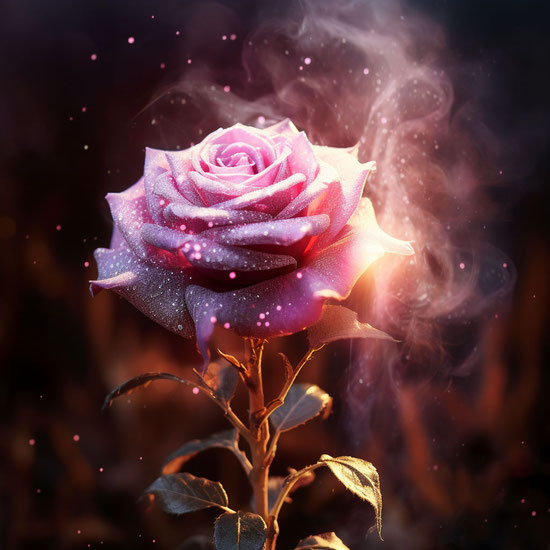 Eine rosa Rose wächst mitten in einem dunklen Bereich, im Stil traumhafter Fantasiewesen, rauchiger Hintergrund, UHD-Bild, Dima Dmitriev, romantische Szenen, helles Gold und Lila, realistischer Einsatz von Licht und Farbe