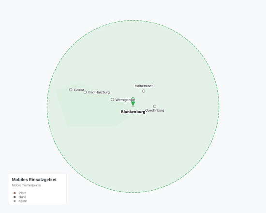 Karte des Einsatzgebiets der mobilen Tierheilpraxis Olaf Anderfuhr im Harz mit einem 50-km-Aktionsradius um Blankenburg
