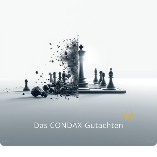 Grafik: Ein geteiltes Schachbrett. Links Schachfiguren Chaos. Rechts Schachfiguren geordnet. Text im Bild: Das CONDAX-Gutachten.