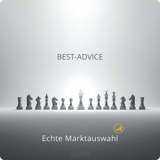 Grafik: Mehere Schachfiguren stehen in einer Reihe. Text im Bild: Best-Advice. Echte Marktauswahl.