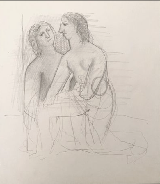 Pierre TAL COAT, Couple circa 1930, Crayon sur papier 20 x 17 cm  avec cadre : 32,5 x 30 cm. Ce dessin  a ete authentifié par Mr Xavier Demolon, qui prépare le catalogue raisonné des oeuvres de Pierre Tal Coat , expose à la galerie agnes thiebault