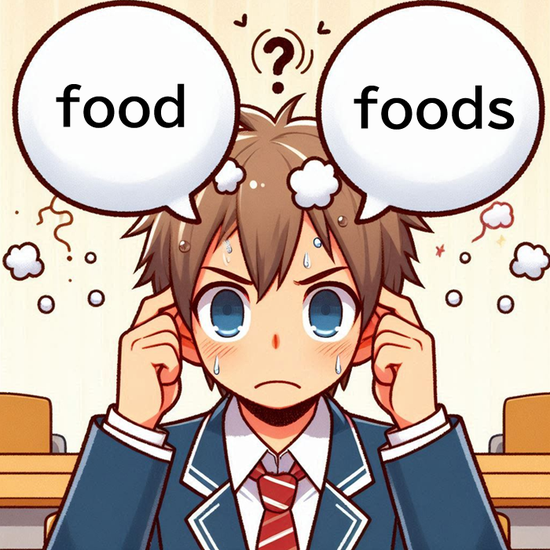 foodとfoodsの違いに悩む少年のイラスト