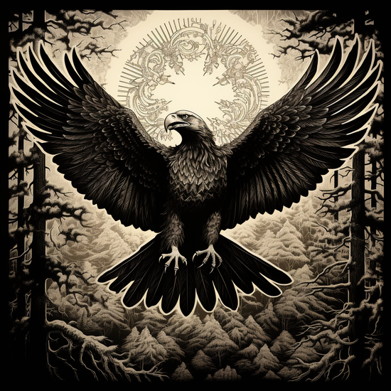 Ein großer schwarz-weißer Adler mit gespreizten Flügel im Wald, im Stil detaillierter Traumlandschaften, Illustrationen des Goldenen Zeitalters, goldenes Licht, Siebdruck, Randlicht, religiöse Ikonographie, symmetrische Balance